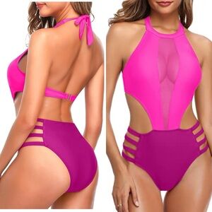 NWT‎ One Piece Sexy Mesh Swimsuit High Neck Halter Cutout Monokini Swimwear S
